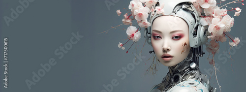 Cyborg with flower bloom on gray. Panorama, banner
