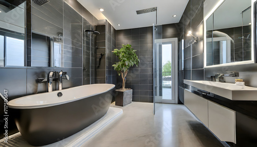 Bathroom interior design with matte black bath and modern shower. Generative AI.