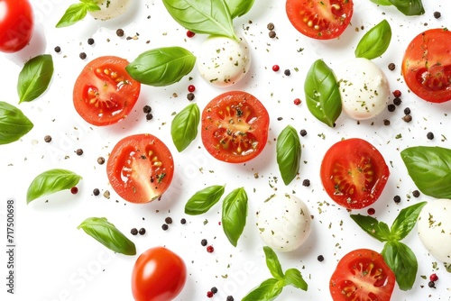 Banner design featuring caprese salad ingredients mozzarella cheese balls tomatoes basil leaves and peppercorns on a white background with a flying motif