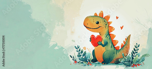 Cute dinosaur baby with heart. Holiday banner.