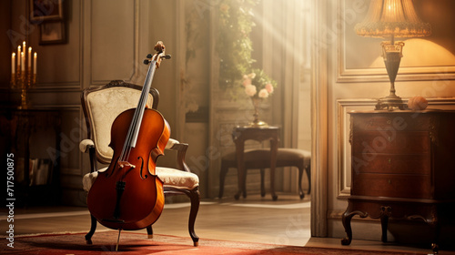 A shallow depth of field, sheet music in the backdrop, and a classical violin sitting on an ancient wooden table sofa