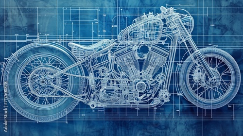 Detailed blueprint illustration of a classic motorcycle, showcasing engineering design photo
