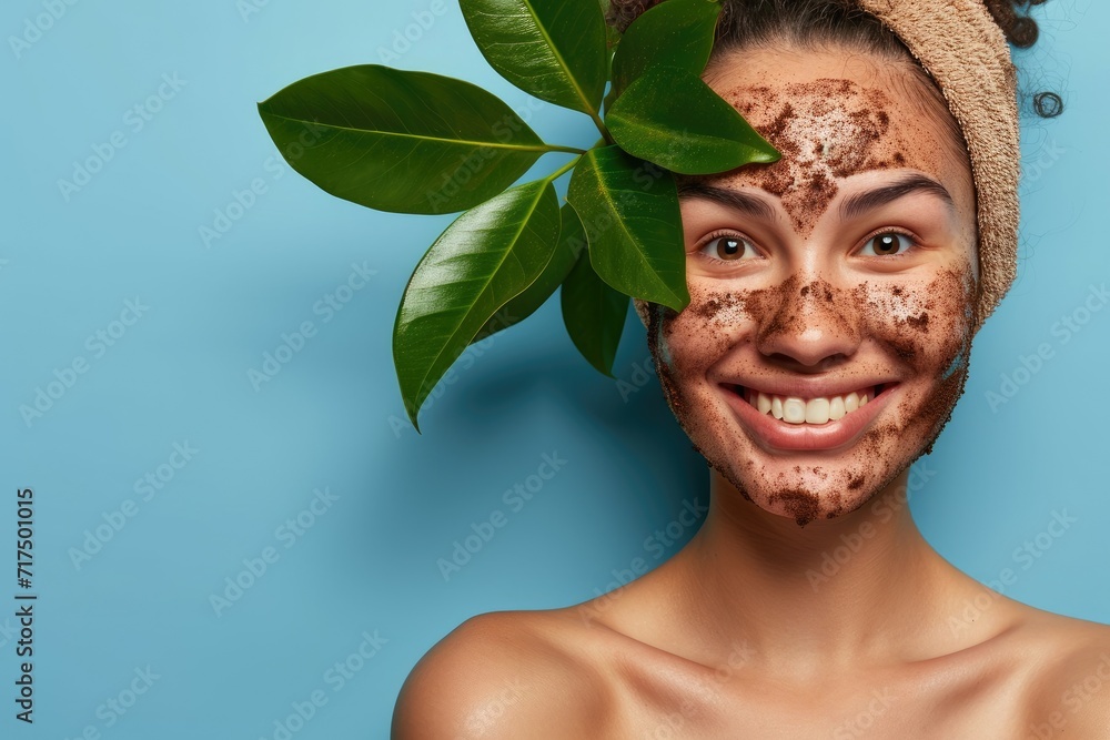 Young woman smiling with coffee face scrub isolated on blue with leaf Young woman smiling with coffee face scrub isolated on blue with leaf