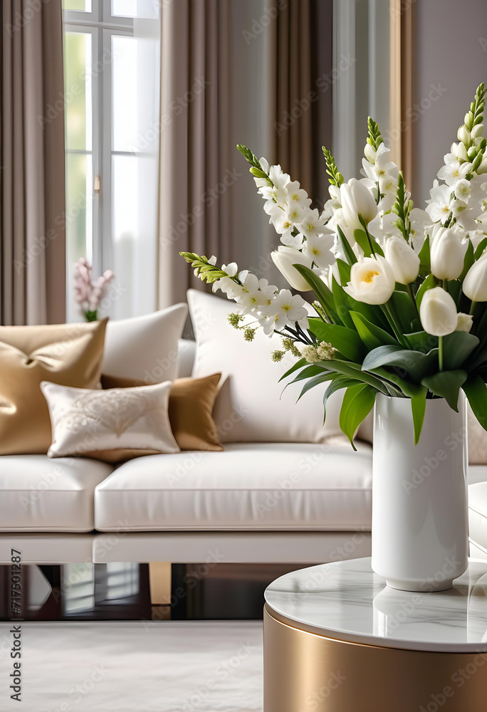 Naklejka premium Modern luxury elegant living room with spring atmosphere with flowers and white sofa. interior decoration. Well-appointed interior design. template.