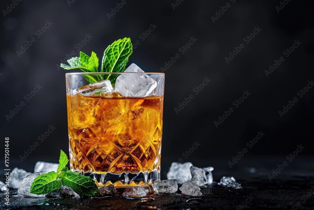 Bourbon based cocktail with ice and mint on black background - obrazy, fototapety, plakaty 