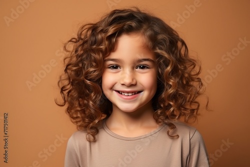 Portrait of a cute little girl with curly hair over brown background © Iigo
