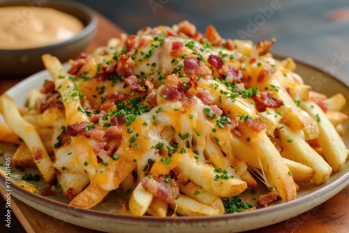 French Fries topped with Cheddar Cheese and Bacon Bits on a plate