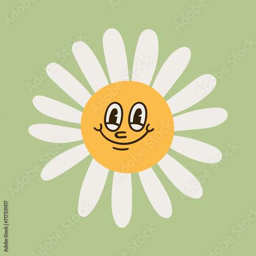 Collection of magnificent chamomile flowers. Retro daisy smiles in cartoon style. Set of happy 70s stickers. Vector graphic illustration in hippe style.