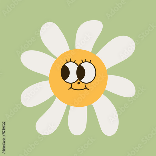 Collection of magnificent chamomile flowers. Retro daisy smiles in cartoon style. Set of happy 70s stickers. Vector graphic illustration in hippe style.