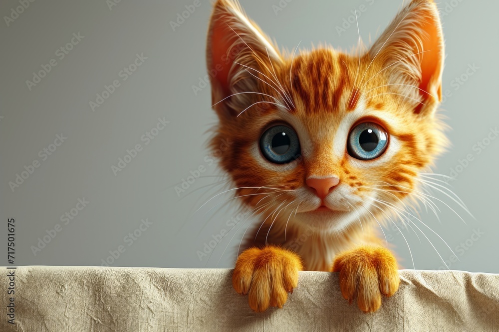 Cute ginger kitten with blue eyes peeking out from behind the wall