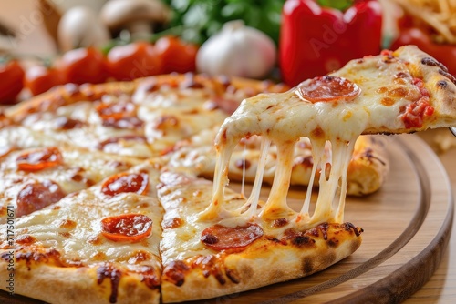 Sizzling pizza with gooey cheese