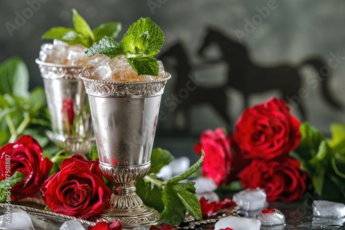 Silver mint julep cups red roses and horse silhouette in background vertical arrangement photo
