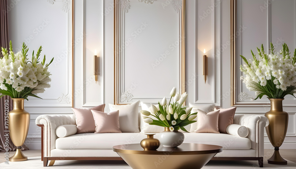 Fototapeta premium Modern luxury elegant living room with spring atmosphere with flowers and white sofa. interior decoration. Well-appointed interior design. template.