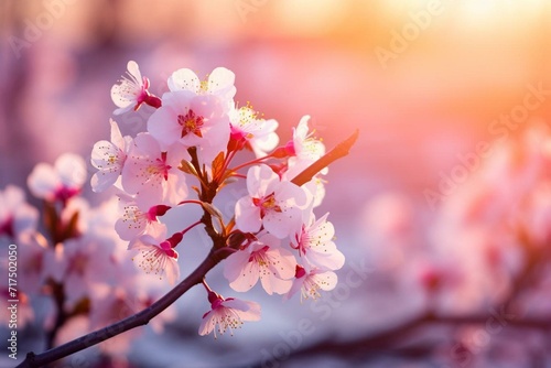 Cherry blossoms in snow, spring awakening with sunlight, beautiful nature backdrop. Generative AI