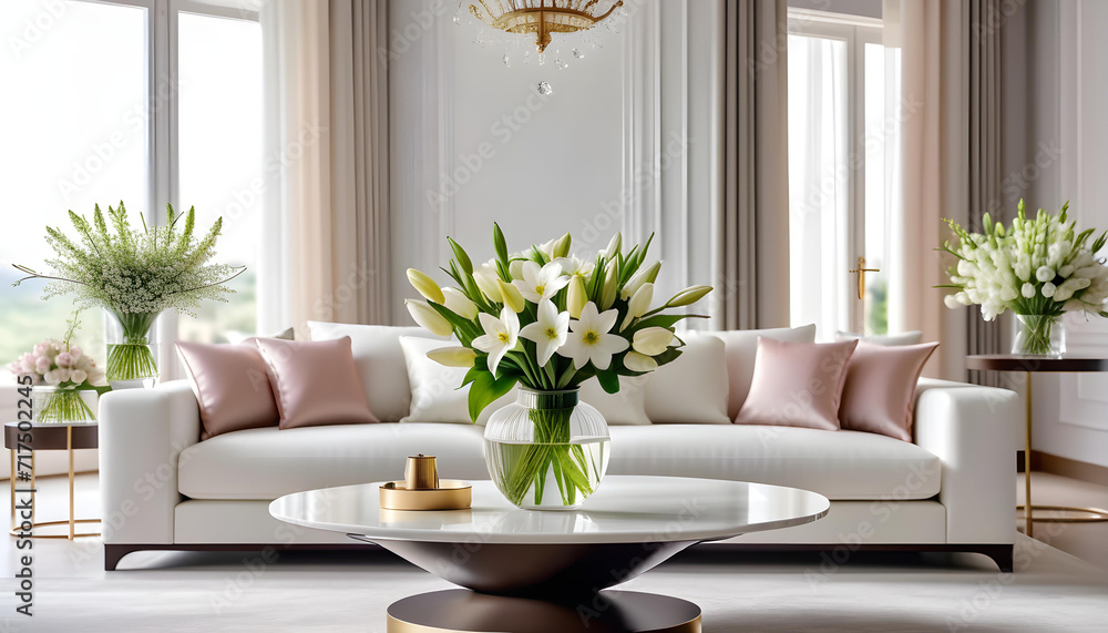 Modern luxury elegant living room with spring atmosphere with flowers and white sofa. interior decoration. Well-appointed interior design. template. - obrazy, fototapety, plakaty 