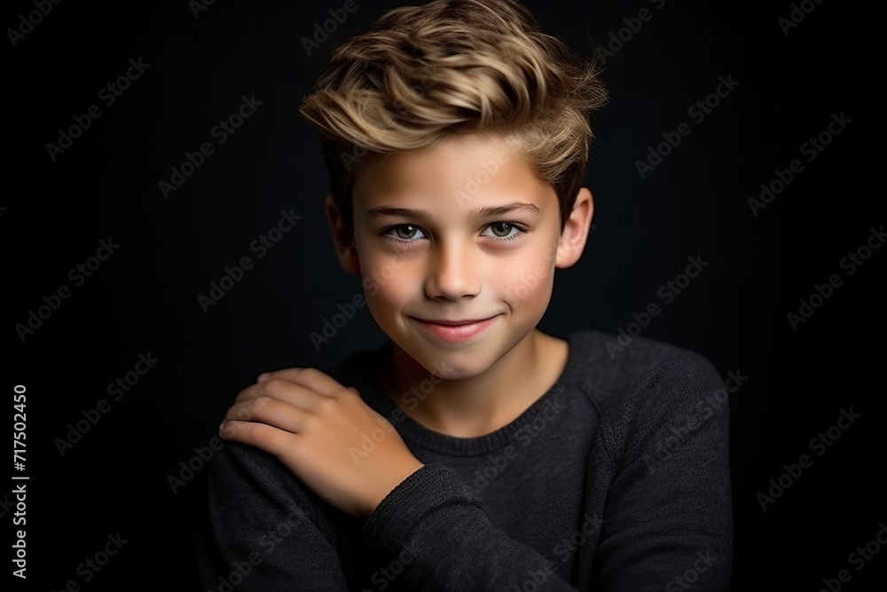 Portrait of a boy on a black background. Studio shot. Portrait of a boy on a black background. Studio shot.