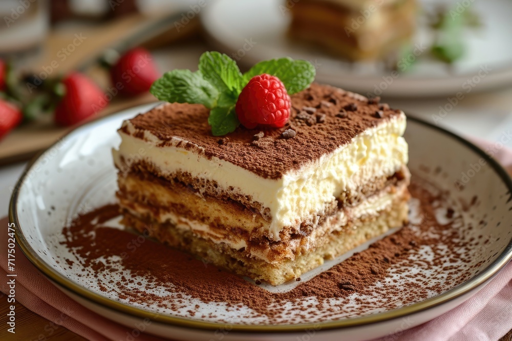 Italian tiramisu dessert served on a plate made by oneself Italian tiramisu dessert served on a plate made by oneself