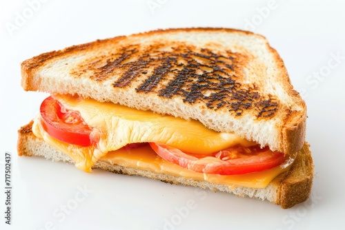 Grilled cheese and tomato sandwich on a plain backdrop