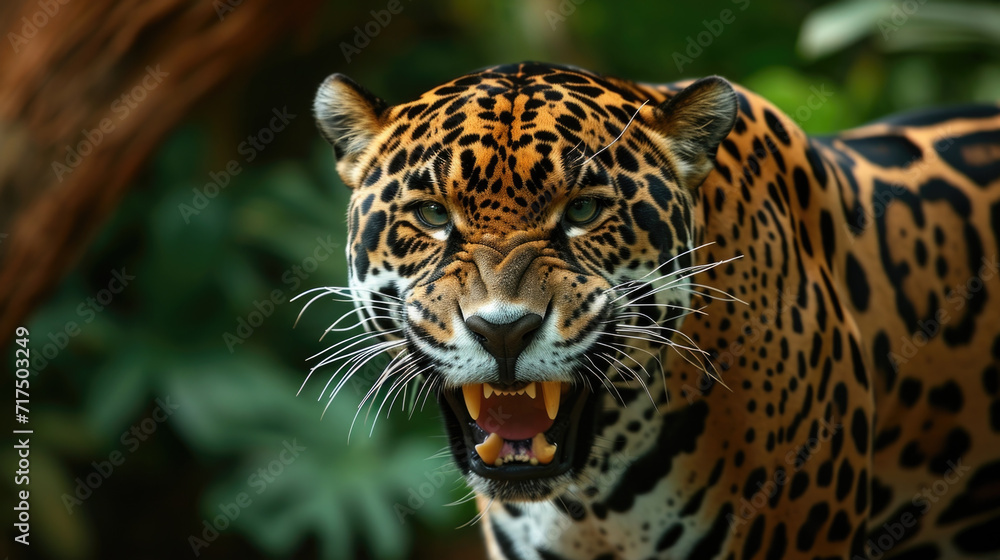 Obraz premium Closeup of a jaguars snarling face displaying resentment towards the encroachment of its habitat by human activities such as deforestation for agriculture.
