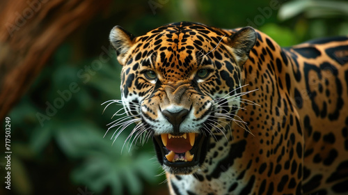 Closeup of a jaguars snarling face displaying resentment towards the encroachment of its habitat by human activities such as deforestation for agriculture.