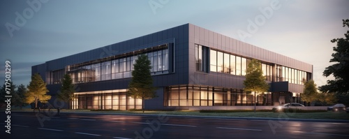 Sleek Office Elegance: 3D Render of Large Glass Facade Building © evening_tao