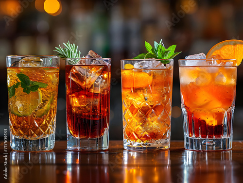 Assorted iced tea cocktails on bar counter with garnishes.