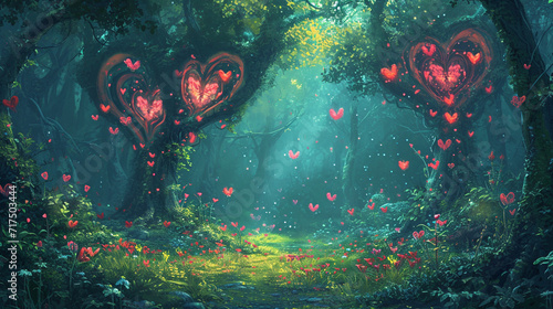 Fantasy-inspired whimsical illustration featuring a magical forest with heart-shaped trees, fairies, and enchanted elements, whimsical, magical heart forest, hd, with copy space photo