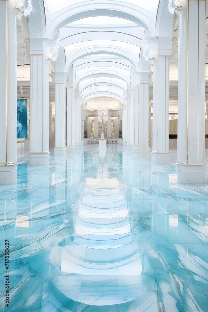 Fototapeta premium Luxurious Grand Corridor with Marble Flooring and Branch Chandeliers