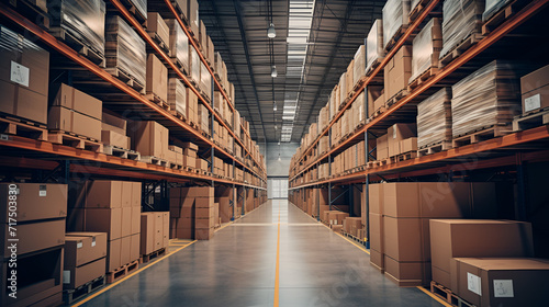 Retail warehouse full of shelves with goods in cartons, with pallets and forklifts,  A large warehouse with numerous items, Futuristic digital warehouse using augmented reality, Generative Ai