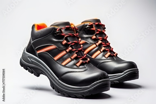 Pair of orange safety leather shoes isolated on white background. Work shoes for men in factory or industry to protect foot from accident. Safety footwear.