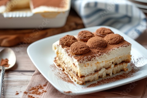 Close up of a mouthwatering homemade Italian tiramisu dish with marscapone cheese and boudoir biscuits
