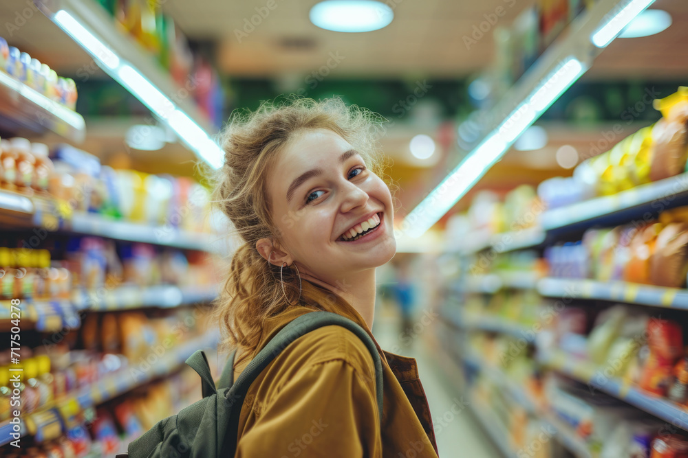 Portrait of smiling young woman with backpack looking at camera in supermarket Portrait of smiling young woman with backpack looking at camera in supermarket