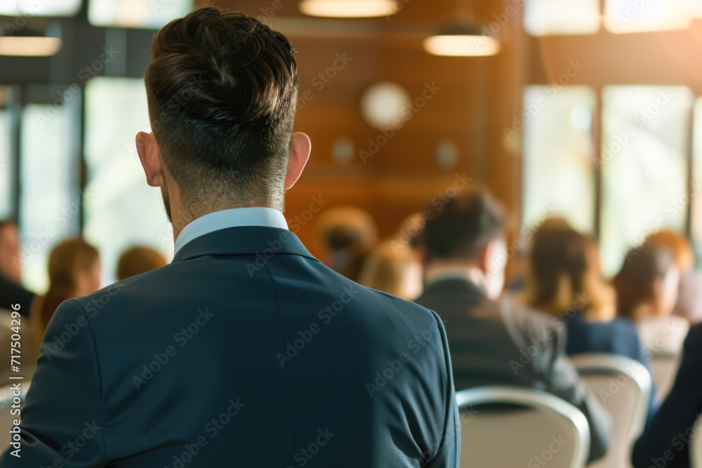 Rear view of businessman sitting at business conference hall. Rear view of unrecognizable business people in audience at conference hall. Entrepreneurship concept Rear view of businessman sitting at business conference hall. Rear view of unrecognizable business people in audience at conference hall. Entrepreneurship concept