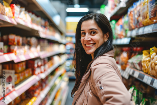 Portrait of a young woman in a supermarket. She is looking at the camera and smiling. © PixelGallery