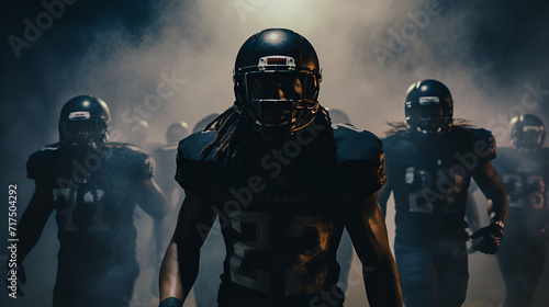 American footballer in team uniform and helmet ready to play, American football player on a dark background in smoke in black and orange equipment, American football player, Generative AI