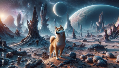 A photorealistic image of a Mame Shiba Inu wandering on an unknown planet, surrounded by alien landscapes and bizarre formations. photo