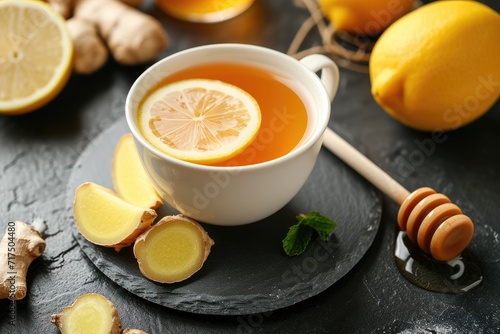 Lemon honey ginger tea on a slate plate