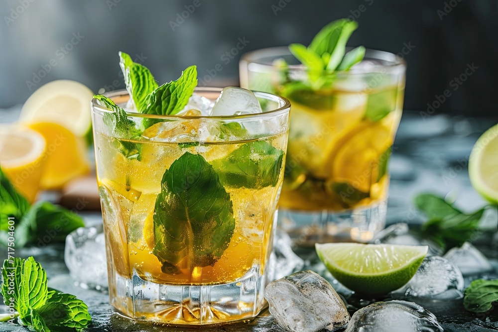 Classic cocktail with mint lime and lemon - obrazy, fototapety, plakaty 