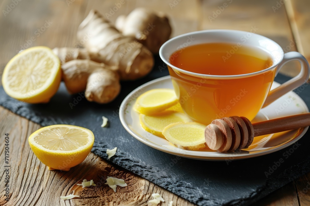 Ginger tea with lemon and honey served on a slate plate Ginger tea with lemon and honey served on a slate plate