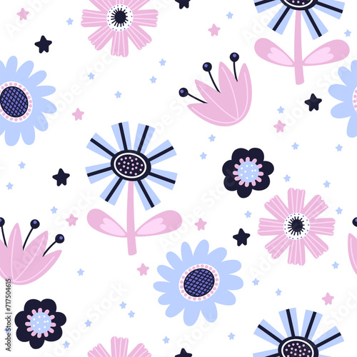 Seamless pattern with flowers and leaves. Suitable for fabric or wrapping paper.