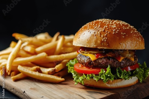 Burger and fries on dark background