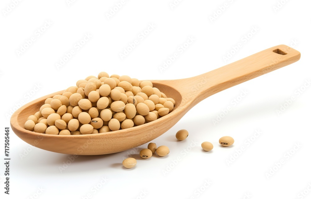 Wooden spoon filled with soybeans On a white background. Generative AI Wooden spoon filled with soybeans On a white background. Generative AI