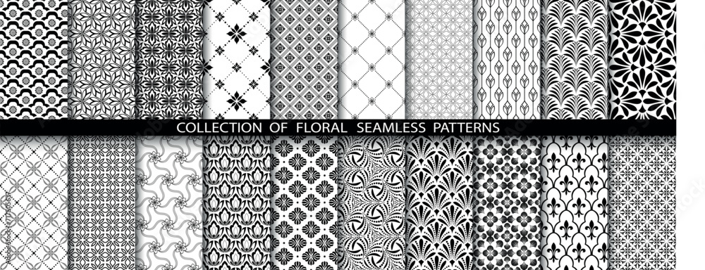 custom made wallpaper toronto digitalGeometric floral set of seamless patterns. White and black vector backgrounds. Damask graphic ornaments.