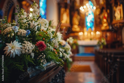 Church funeral with flower wreathed coffin