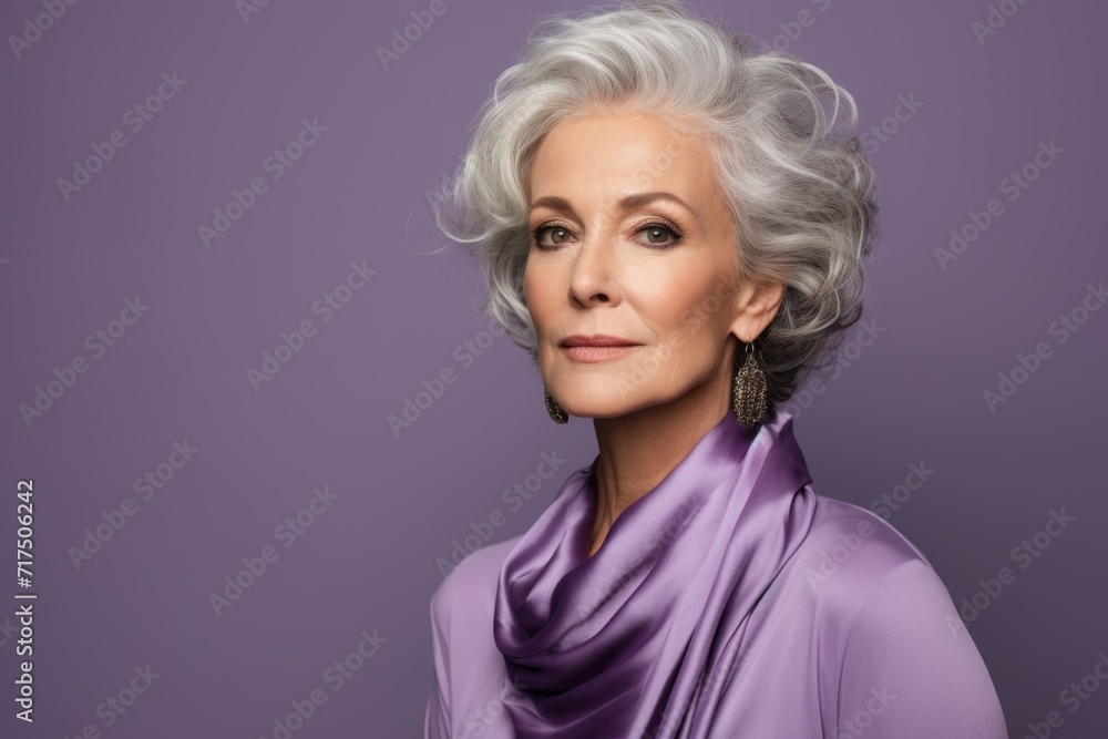 Portrait of beautiful senior woman with grey hair and elegant dress.