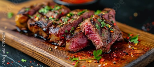 Close-up of modern wooden board showcasing dry-aged wagyu porterhouse steak cooked in traditional barbecue style, accompanied by paprika and chili.