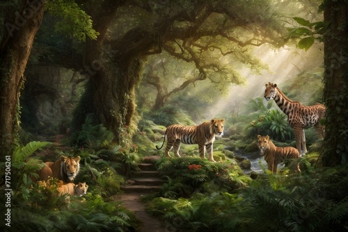 Dangerous Wildlife day Lions and Tigers Predators in a beautiful Jungle Rainforest forest scene