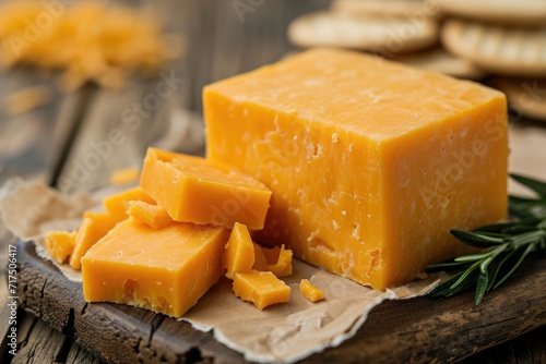Cheddar cheese block with selective focus on rustic background