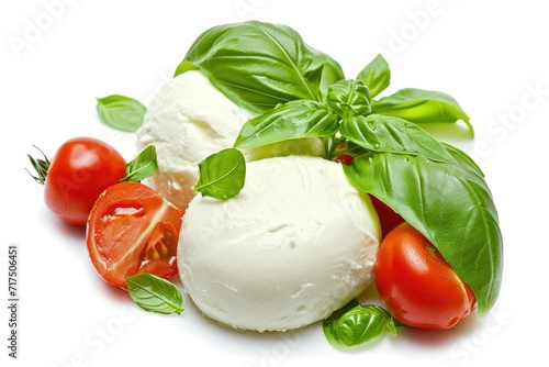 Italian Mozzarella cheese and basil on white