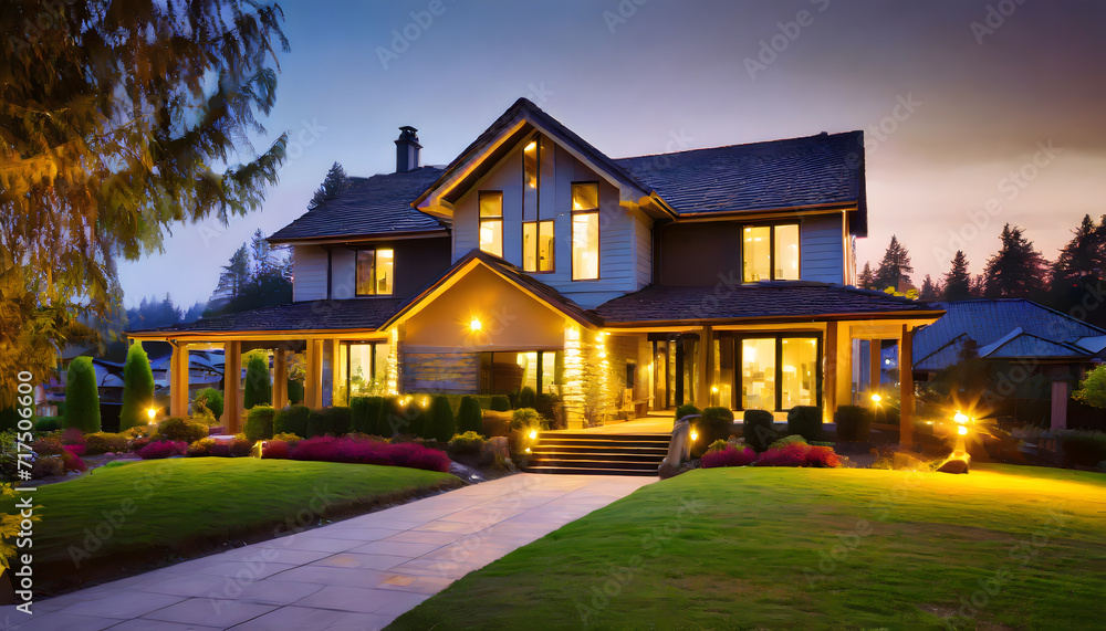 Beautiful home exterior in evening with glowing interior lights and landscaping. Generative AI.